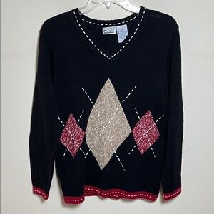 Size Small Black V Neck Argyle Long-sleeve Tight Knit Women’s Sweater